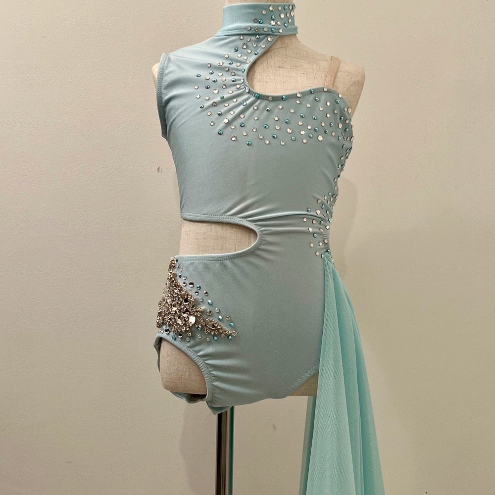 Dance Costume -CH XL Light Blue Leotard with stones, applique and mesh skirt